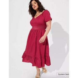 Torrid Midi Poplin Sheer Waist Dress Size 6X Boho Red Cherries Jubilee Party